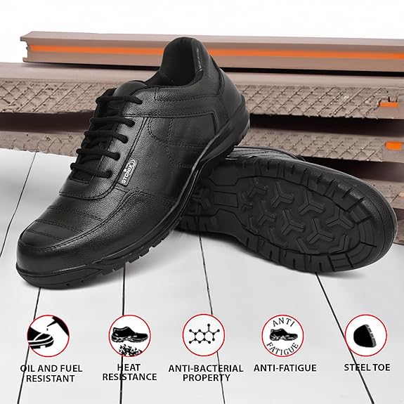 STONIX® TPR Sole Safety Shoes for Men | Stylish Look | Genuine Leather with Non Slip Outsole & Steel Toe | Comfortable and Waterproof, (Black)