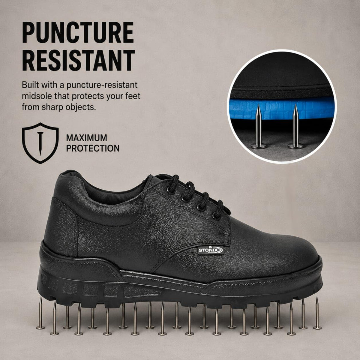 STONIX Men's Black Leather Derby Steel Toe Safety Shoes