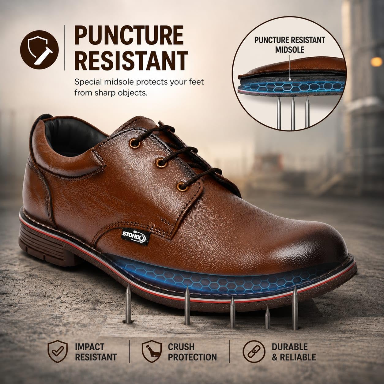 STONIX® Formal Premium Safety Shoes for Men | Steel Toe cap | Slip and Water Resistant | Leather Material & TPR Sole | Comfortable for Construction Work'sct