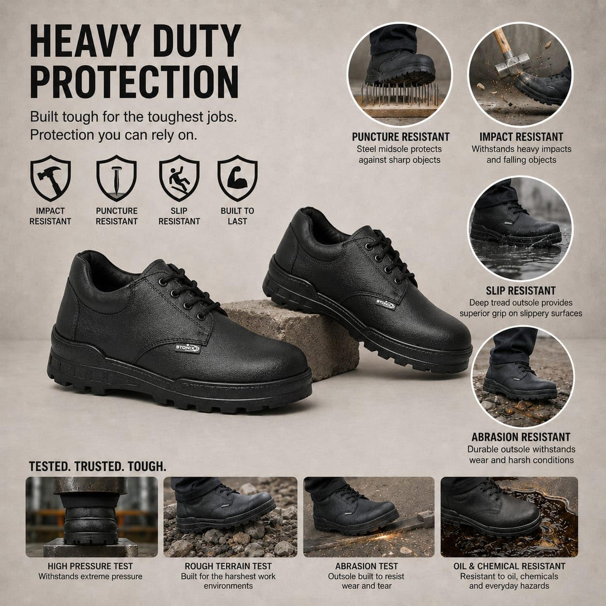 STONIX Men's Black Leather Derby Steel Toe Safety Shoes