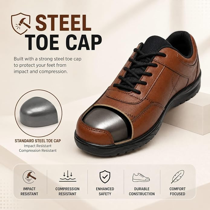 STONIX Men's Brown Genuine Leather Steel Toe Safety Shoes
