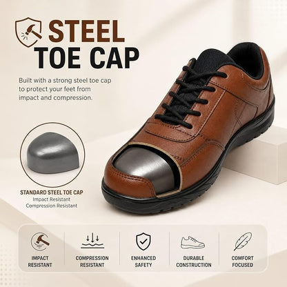 STONIX Men's Brown Genuine Leather Steel Toe Safety Shoes