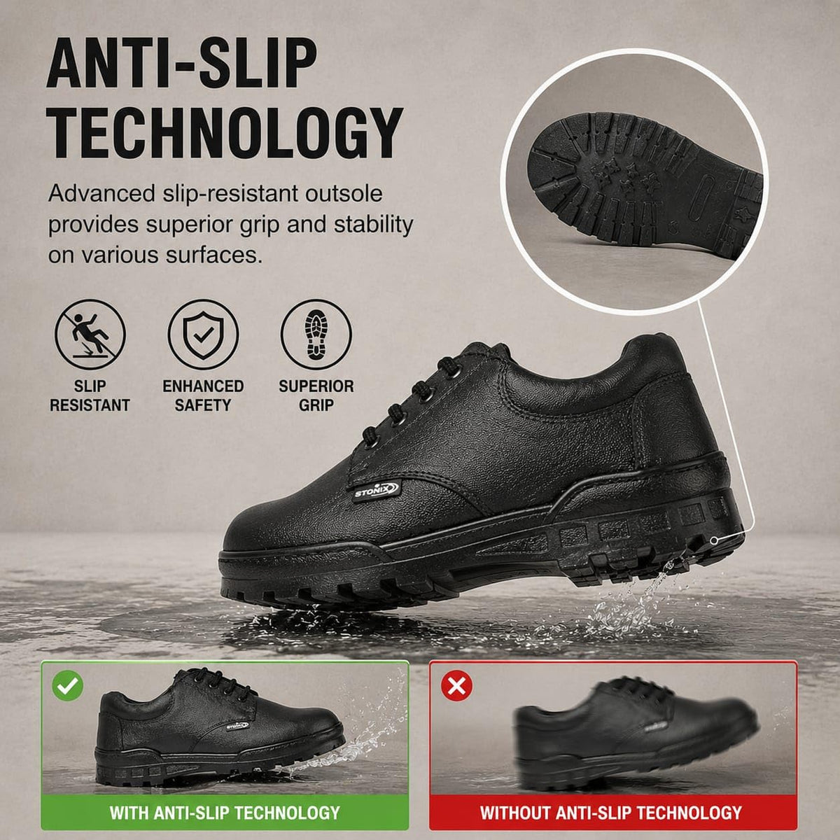STONIX Men's Black Leather Derby Steel Toe Safety Shoes