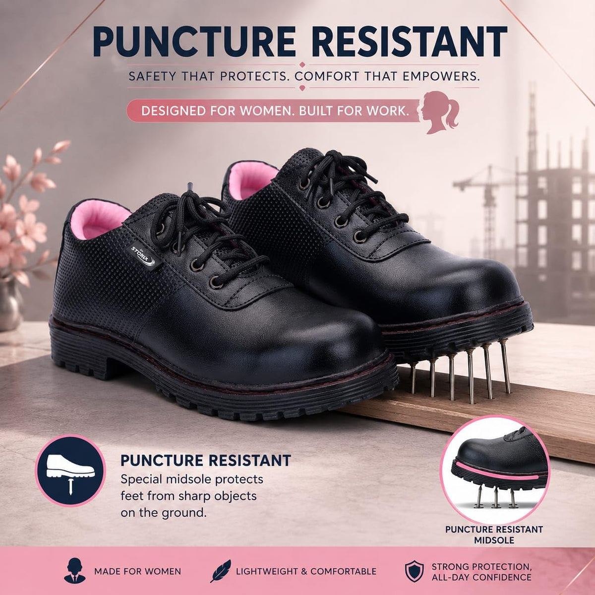STONIX SecureFit Women's Steel Toe Safety Shoes – Pink