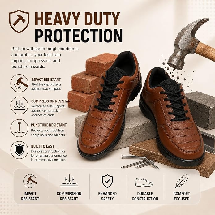 STONIX Men's Brown Genuine Leather Steel Toe Safety Shoes