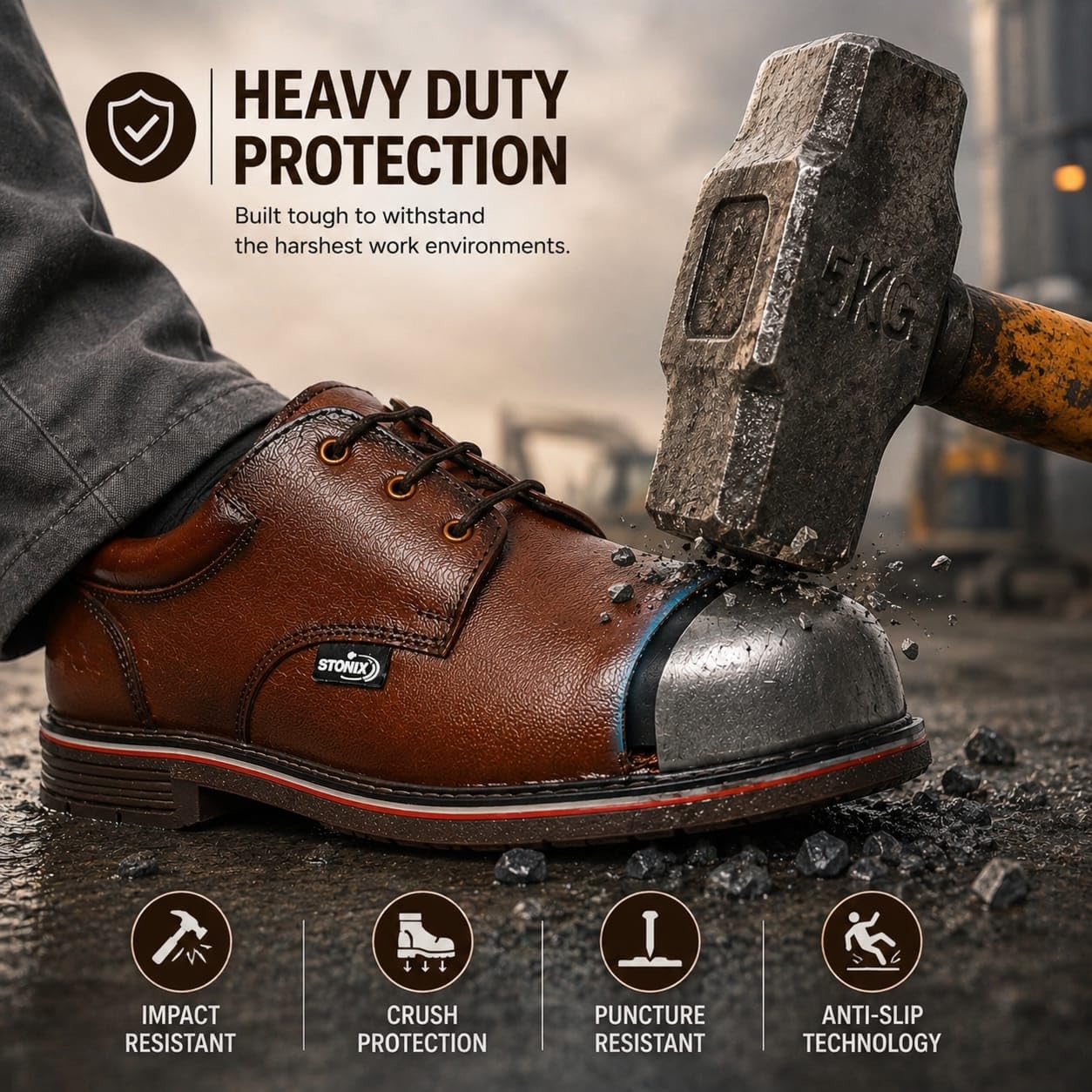 STONIX® Formal Premium Safety Shoes for Men | Steel Toe cap | Slip and Water Resistant | Leather Material & TPR Sole | Comfortable for Construction Work'sct