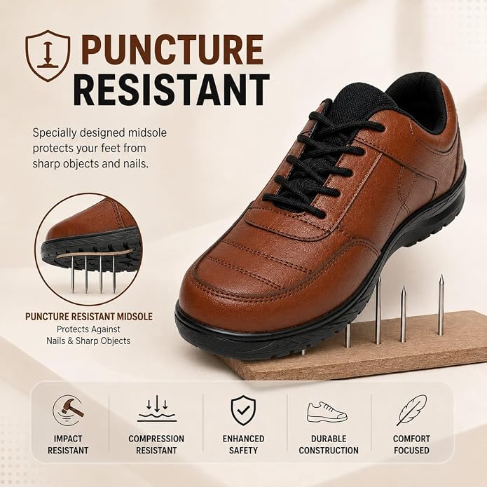 STONIX Men's Brown Genuine Leather Steel Toe Safety Shoes