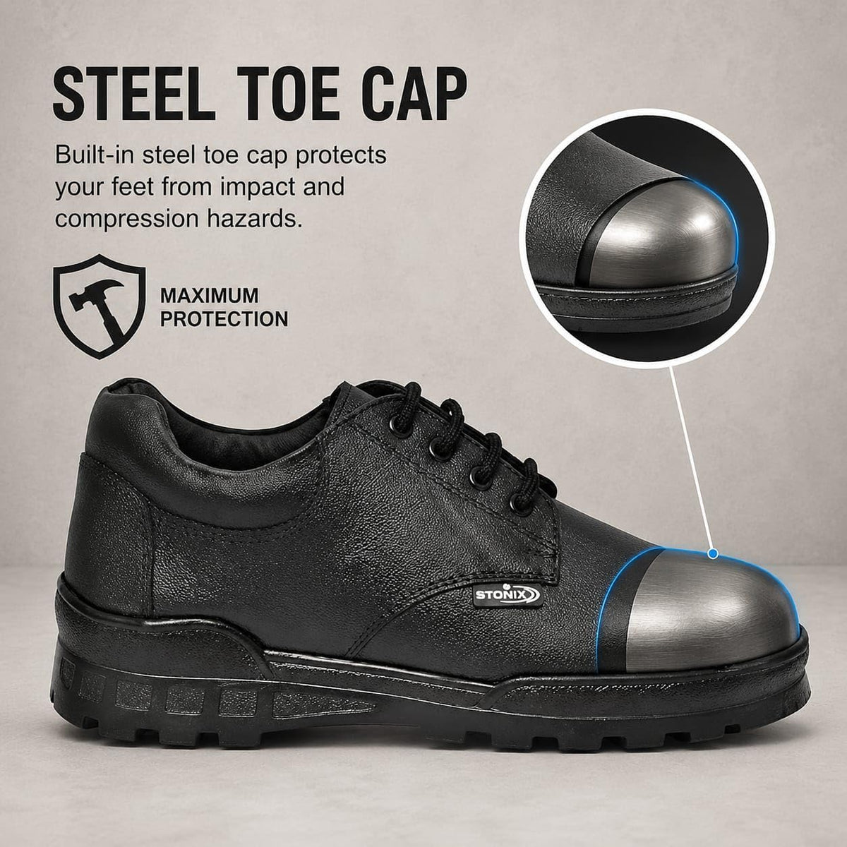 STONIX Men's Black Leather Derby Steel Toe Safety Shoes