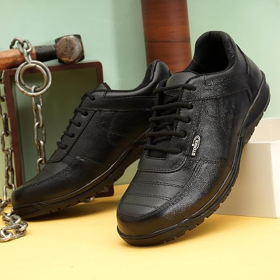 STONIX® TPR Sole Safety Shoes for Men | Stylish Look | Genuine Leather with Non Slip Outsole & Steel Toe | Comfortable and Waterproof, (Black)