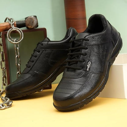 STONIX® TPR Sole Safety Shoes for Men | Stylish Look | Genuine Leather with Non Slip Outsole & Steel Toe | Comfortable and Waterproof, (Black)