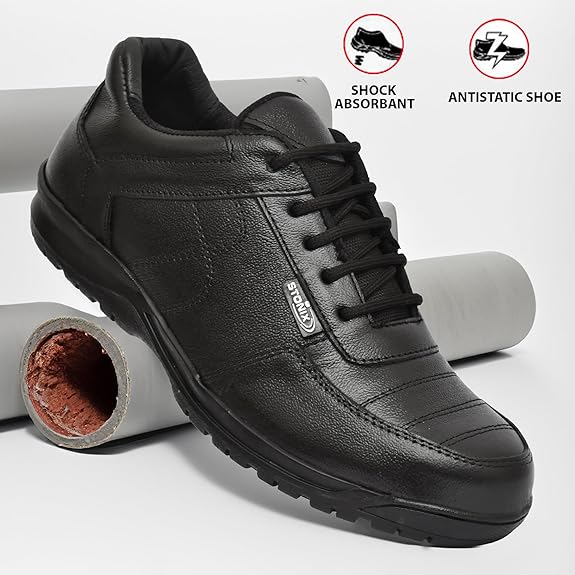 STONIX® TPR Sole Safety Shoes for Men | Stylish Look | Genuine Leather with Non Slip Outsole & Steel Toe | Comfortable and Waterproof, (Black)