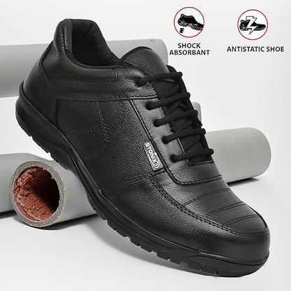 STONIX® TPR Sole Safety Shoes for Men | Stylish Look | Genuine Leather with Non Slip Outsole & Steel Toe | Comfortable and Waterproof, (Black)